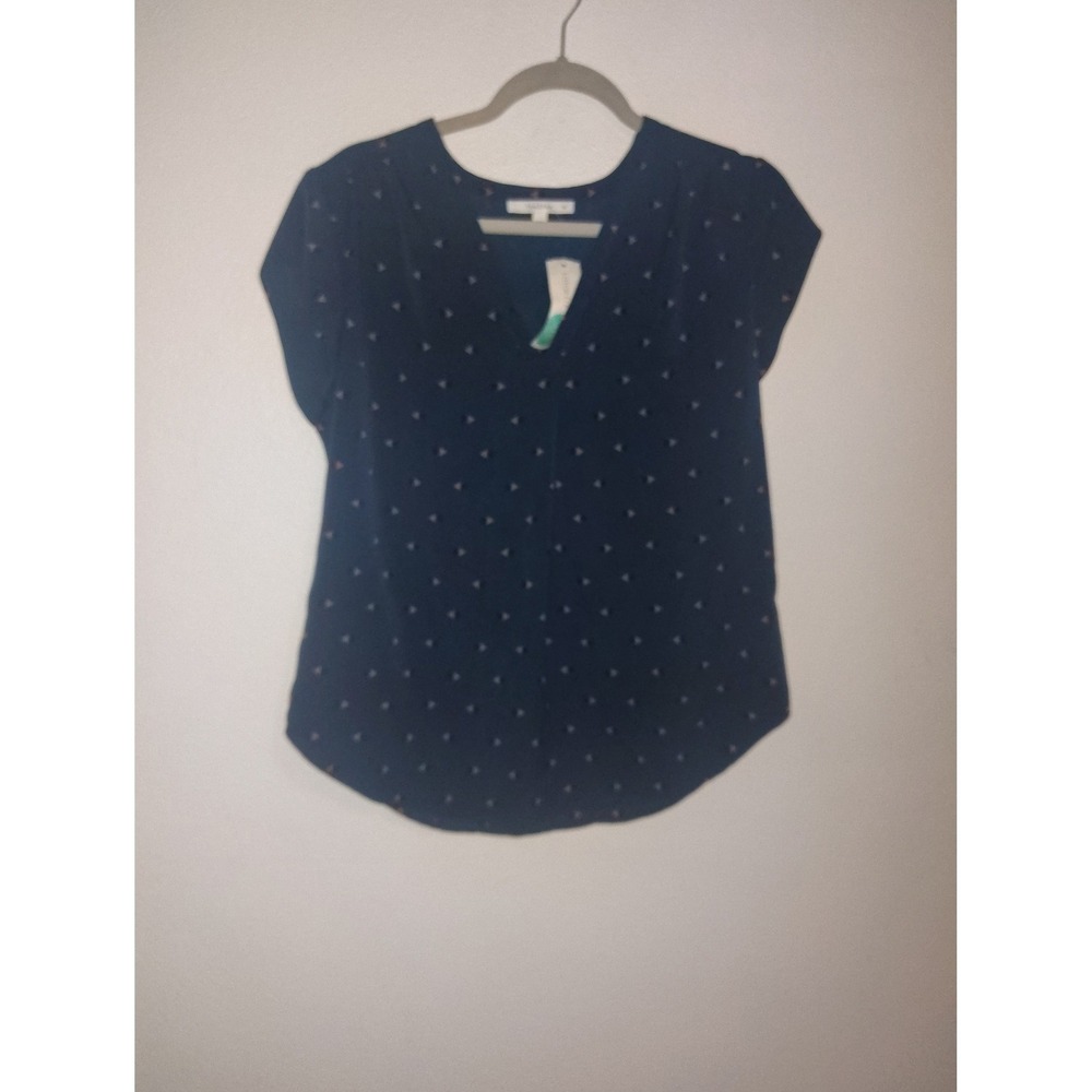 Fun2Fun Stitch Fix Navy Blue Geometric Triangle Print V-Neck Cap Sleeve Blouse M